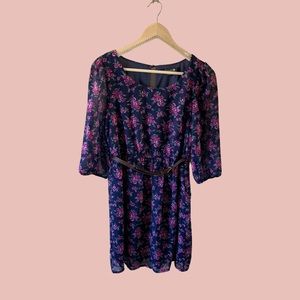 Floral Mid Sleeve Mini Dress with Waist Belt